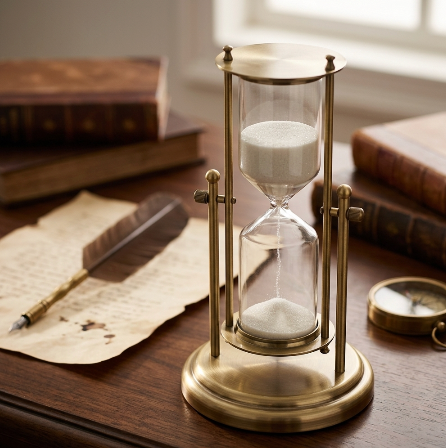 Brass & Glass Hourglass Sand Timer 15/30/60 Min – Mesmerizing Desk Decor, Rotating Crown, Elegant Home Gift