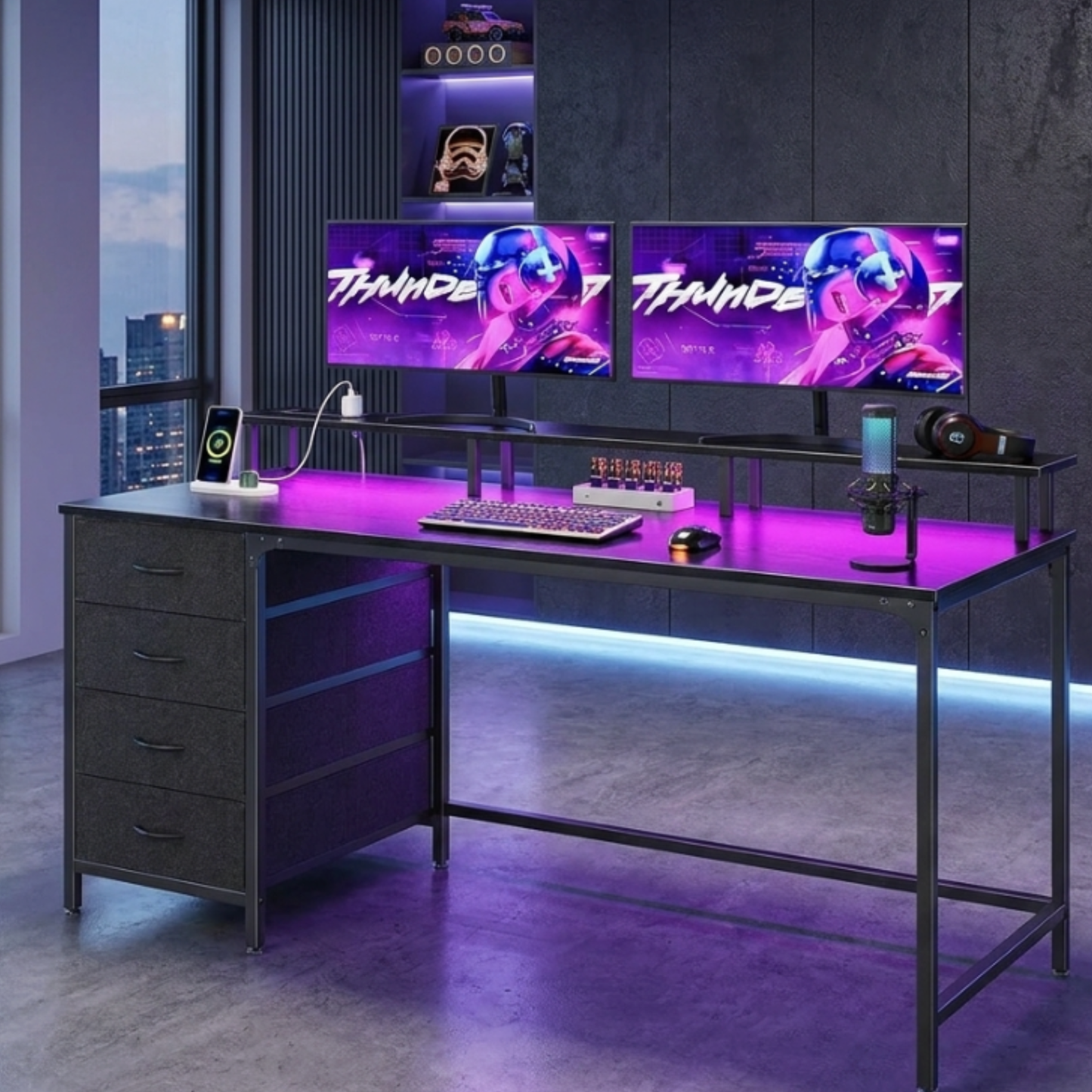 Computer Desk With Built-in LED Lights, Power Socket, Monitor Stand - 40 inch