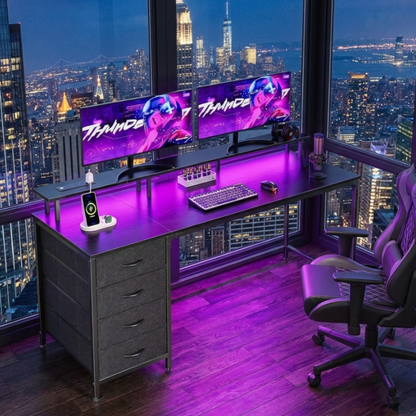 Computer Desk With Built-in LED Lights, Power Socket, Monitor Stand - 40 inch