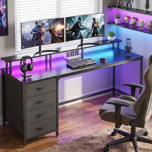 Computer Desk With Built-in LED Lights, Power Socket, Monitor Stand - 40 inch