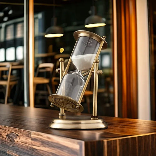 Brass & Glass Hourglass Sand Timer 15/30/60 Min – Mesmerizing Desk Decor, Rotating Crown, Elegant Home Gift