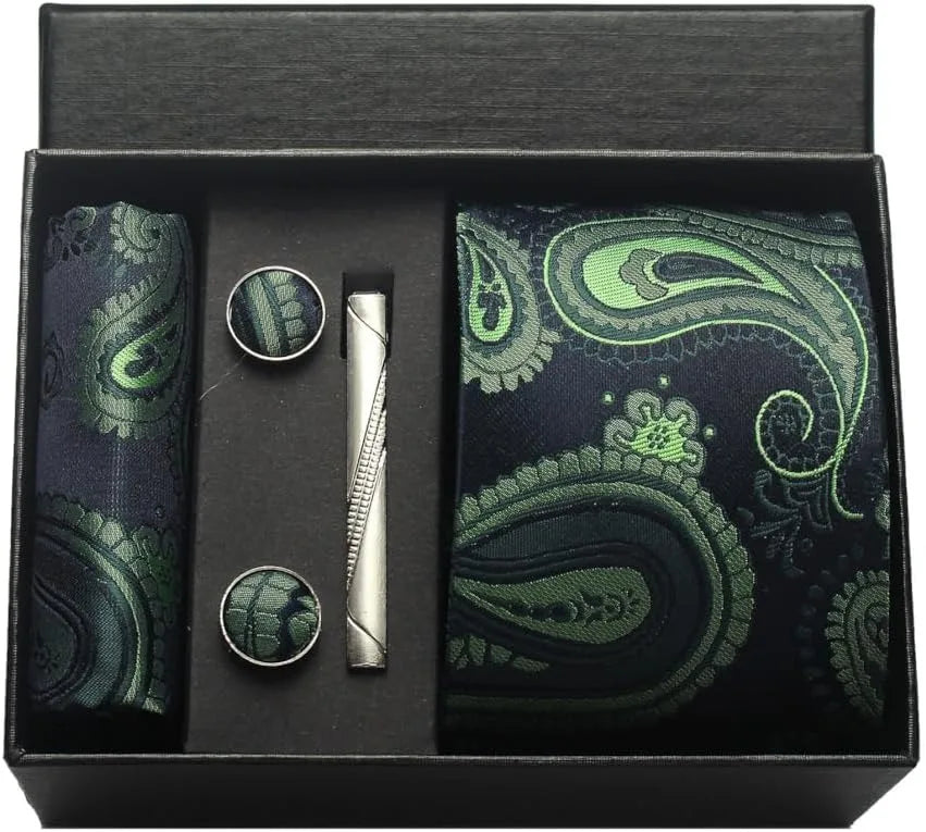 Silk Paisley Necktie Gift Set – Tie, Pocket Square, Cufflinks & Clip
