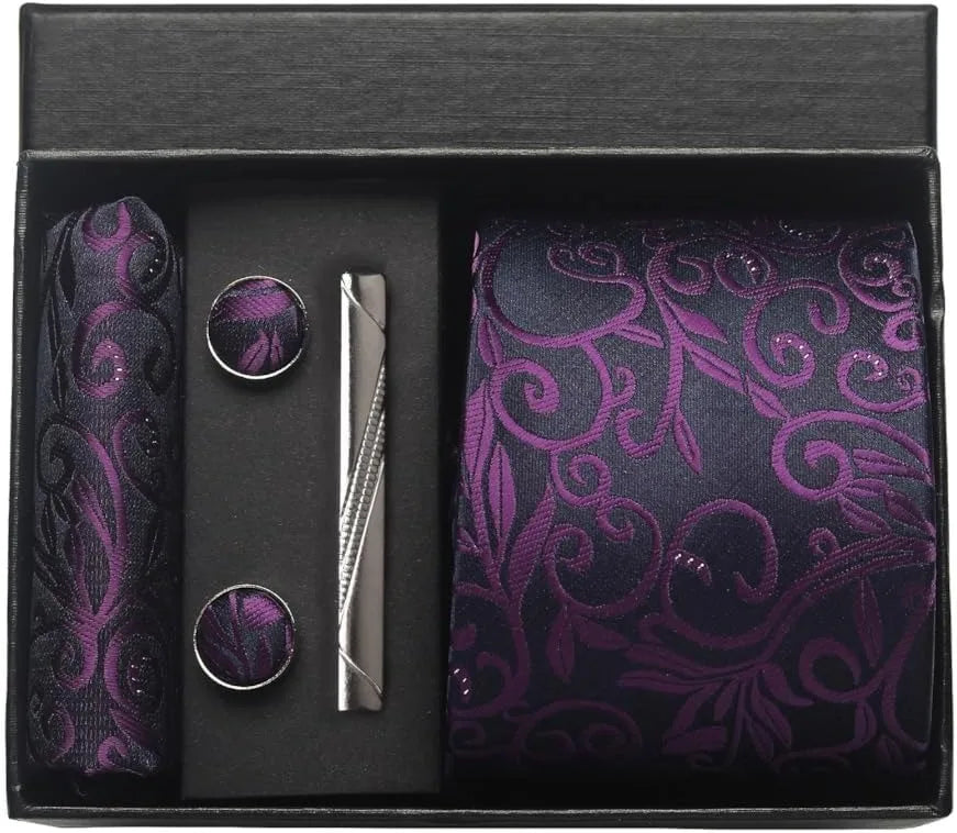 Silk Paisley Necktie Gift Set – Tie, Pocket Square, Cufflinks & Clip