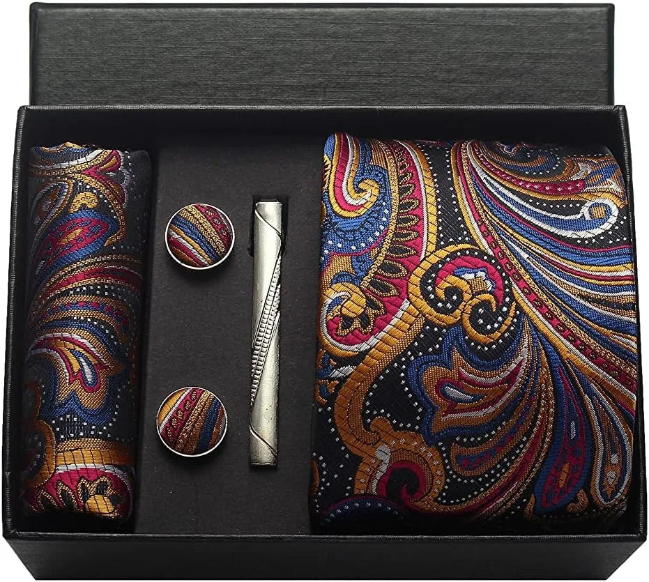 Silk Paisley Necktie Gift Set – Tie, Pocket Square, Cufflinks & Clip