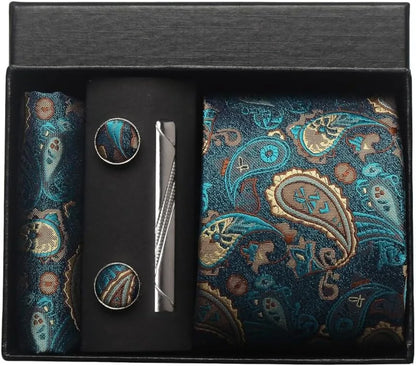 Silk Paisley Necktie Gift Set – Tie, Pocket Square, Cufflinks & Clip