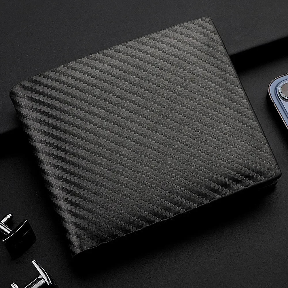 Carbon Fiber PU Leather Short Wallet 12x10cm – Integrated Zipper Coin Purse, Card & Photo Holder, Men's Everyday Carry Gift
