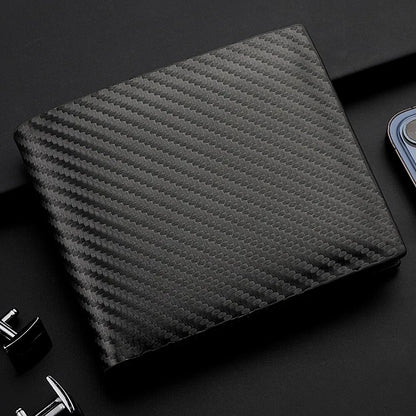 Carbon Fiber PU Leather Short Wallet 12x10cm – Integrated Zipper Coin Purse, Card & Photo Holder, Men's Everyday Carry Gift
