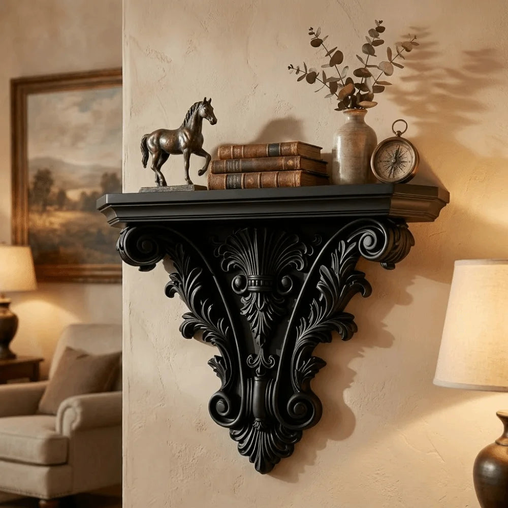 Gothic Carved Floating Wall Shelf – Retro Decorative Wall Mounted Display Shelf for Bedroom & Home Decor, 20×15.8cm