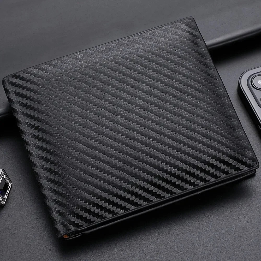 Carbon Fiber PU Leather Short Wallet 12x10cm – Integrated Zipper Coin Purse, Card & Photo Holder, Men's Everyday Carry Gift