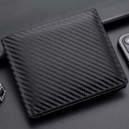 Carbon Fiber PU Leather Short Wallet 12x10cm – Integrated Zipper Coin Purse, Card & Photo Holder, Men's Everyday Carry Gift