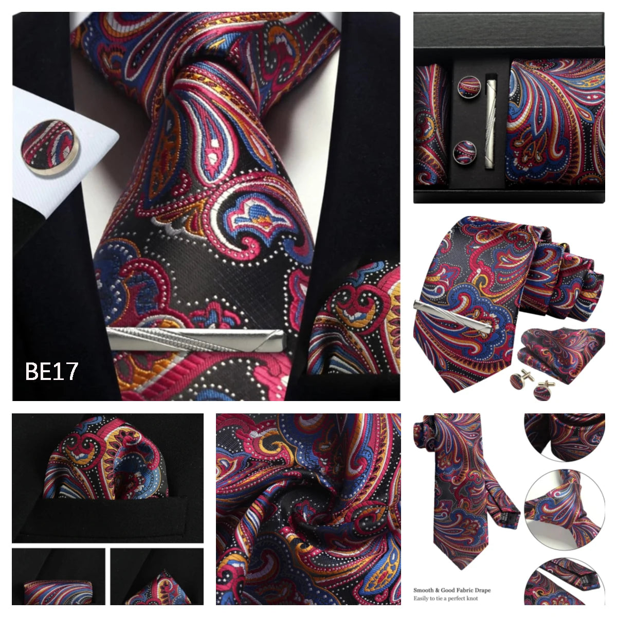 Silk Paisley Necktie Gift Set – Tie, Pocket Square, Cufflinks & Clip