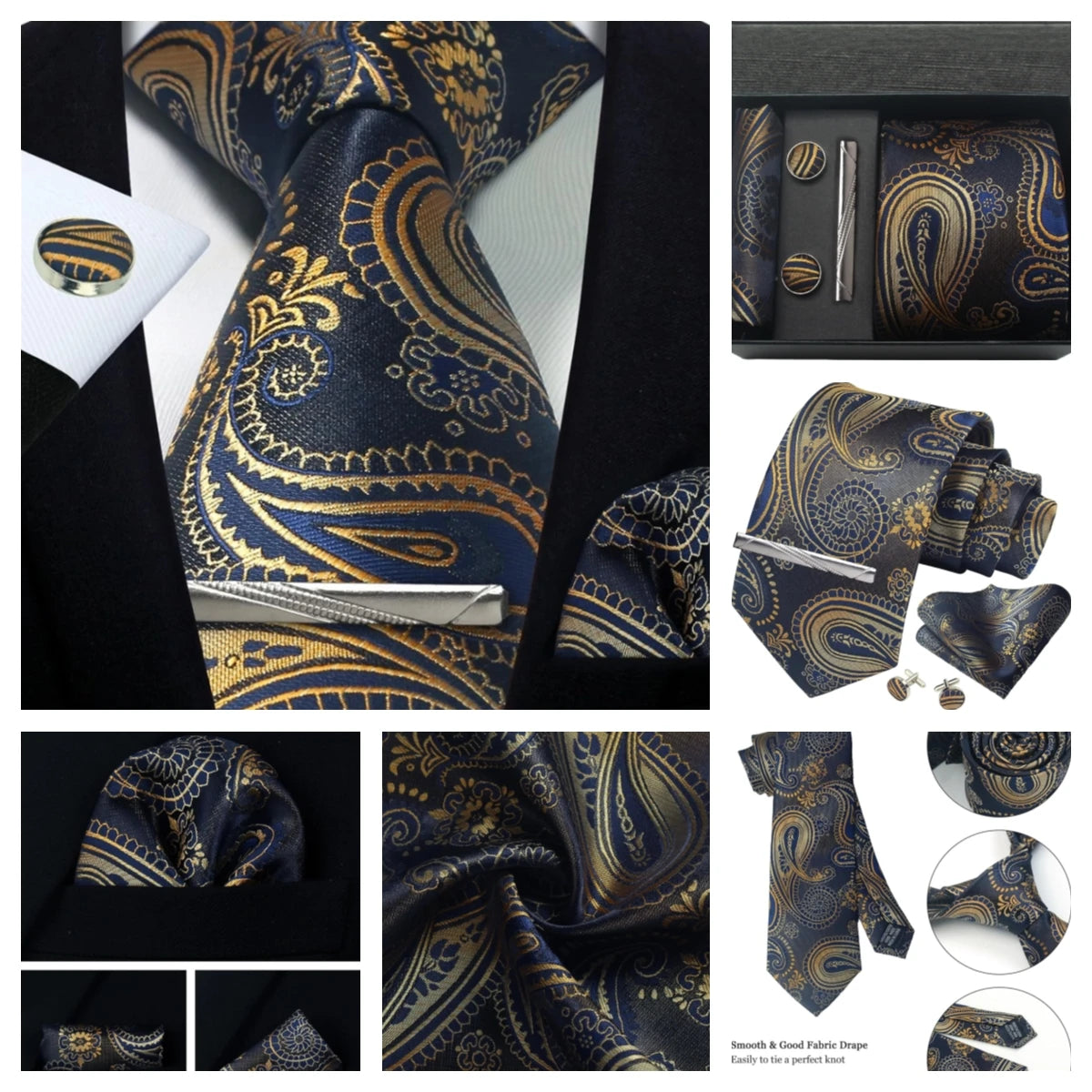 Silk Paisley Necktie Gift Set – Tie, Pocket Square, Cufflinks & Clip