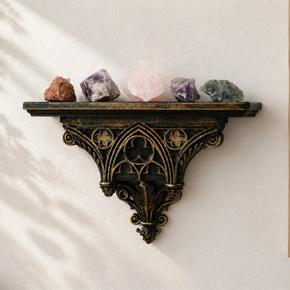 Gothic Cathedral Wall Shelf – Black Gold Hollow Window Pattern Floating Wall Rack for Home & Room Decor