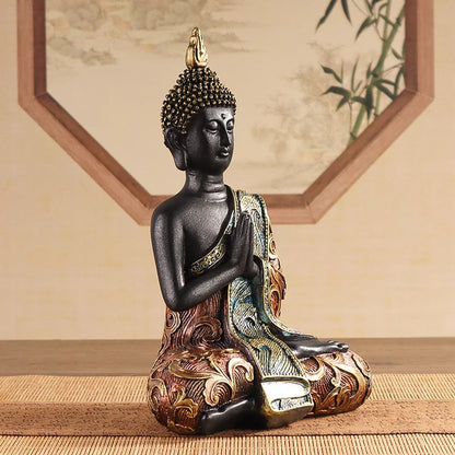 Traditional Seated Buddha Statue Resin 19.5cm – Black & Gold Spiritual Sculpture, Meditation Decor, Collectible Home Gift