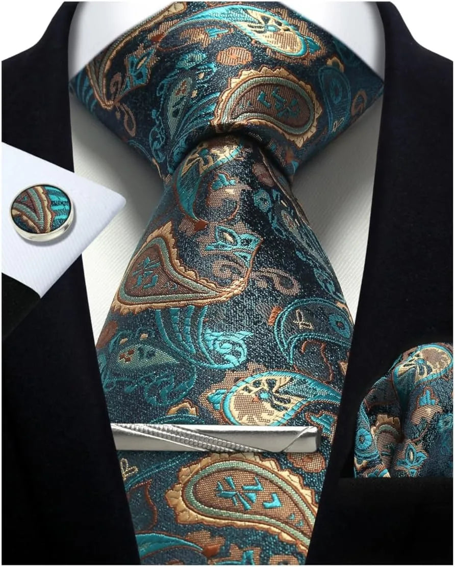 Silk Paisley Necktie Gift Set – Tie, Pocket Square, Cufflinks & Clip