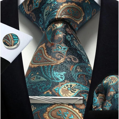 Silk Paisley Necktie Gift Set – Tie, Pocket Square, Cufflinks & Clip