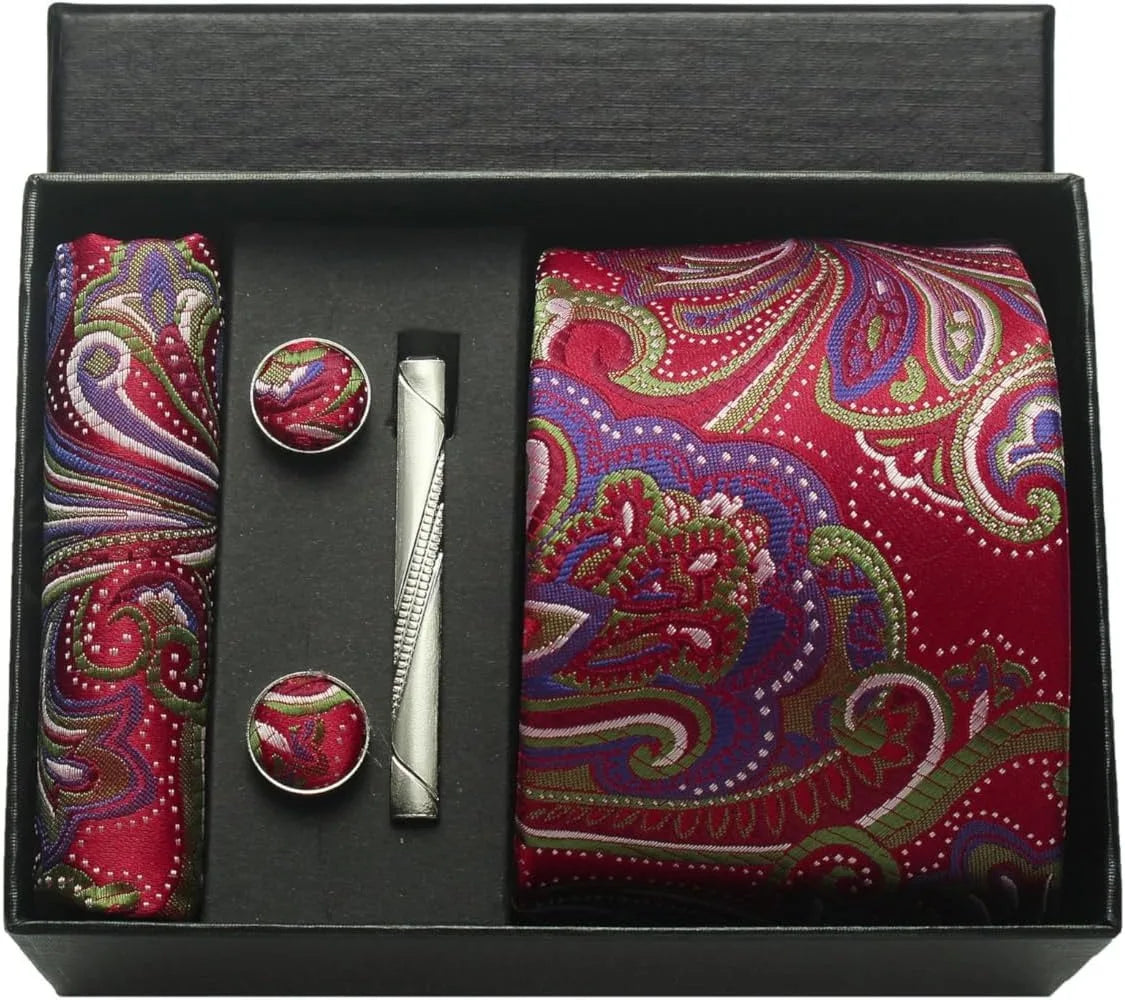 Silk Paisley Necktie Gift Set – Tie, Pocket Square, Cufflinks & Clip