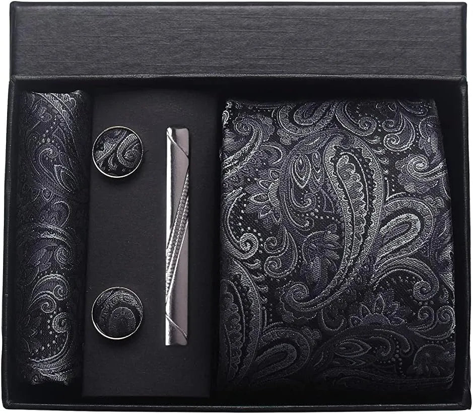 Silk Paisley Necktie Gift Set – Tie, Pocket Square, Cufflinks & Clip