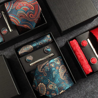 Silk Paisley Necktie Gift Set – Tie, Pocket Square, Cufflinks & Clip