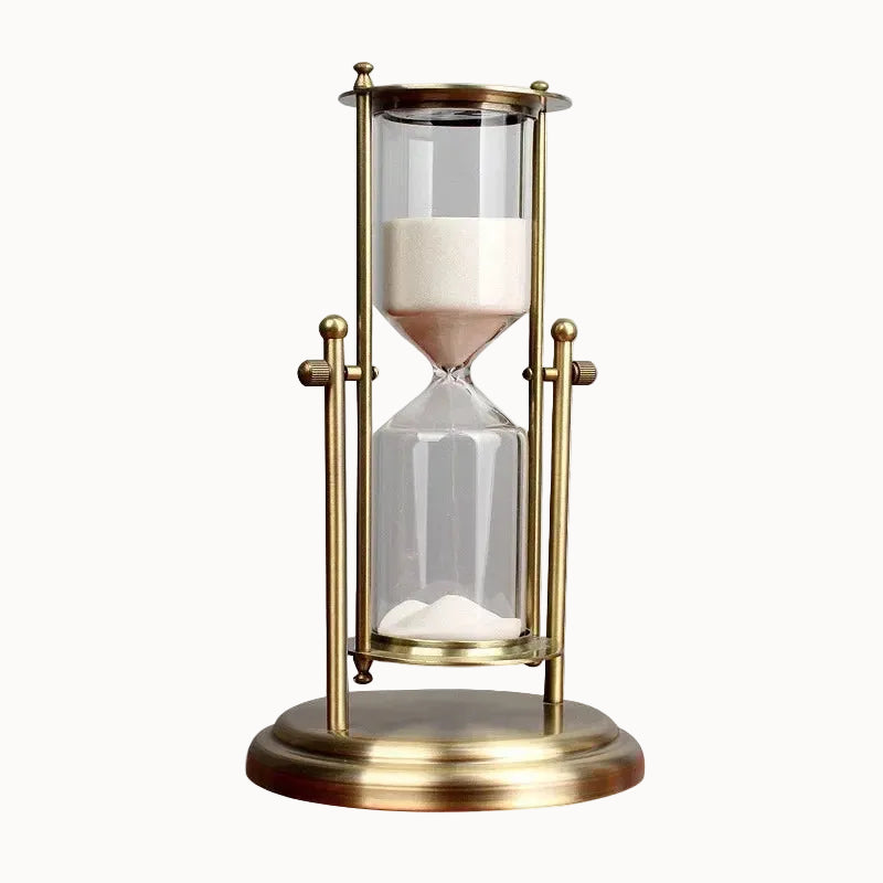 Brass & Glass Hourglass Sand Timer 15/30/60 Min – Mesmerizing Desk Decor, Rotating Crown, Elegant Home Gift