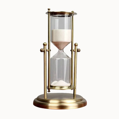 Brass & Glass Hourglass Sand Timer 15/30/60 Min – Mesmerizing Desk Decor, Rotating Crown, Elegant Home Gift