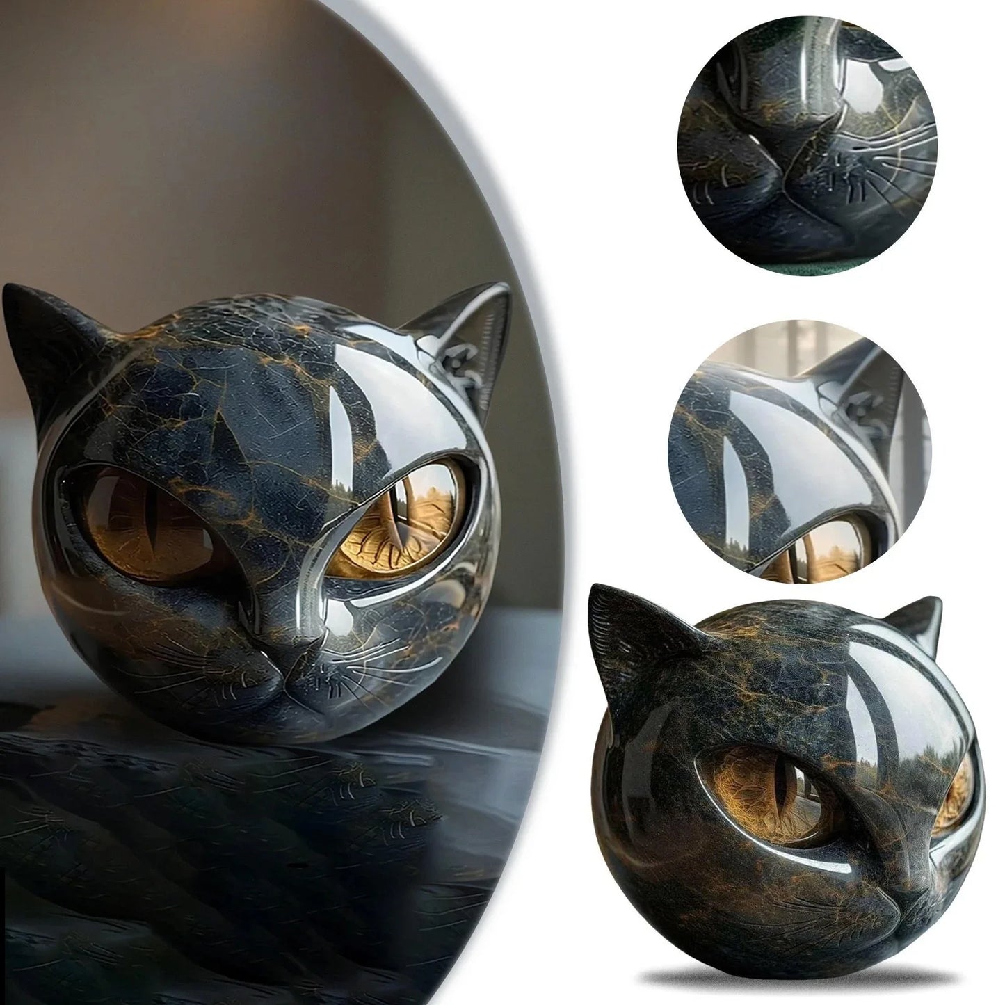 Black Cat Marble Resin Figurine 8x8cm – Mystical Healing Stone Ornament, Luxury Halloween Decor, Cat Lover Keepsake Gift