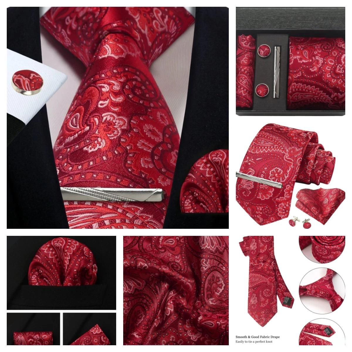 Silk Paisley Necktie Gift Set – Tie, Pocket Square, Cufflinks & Clip