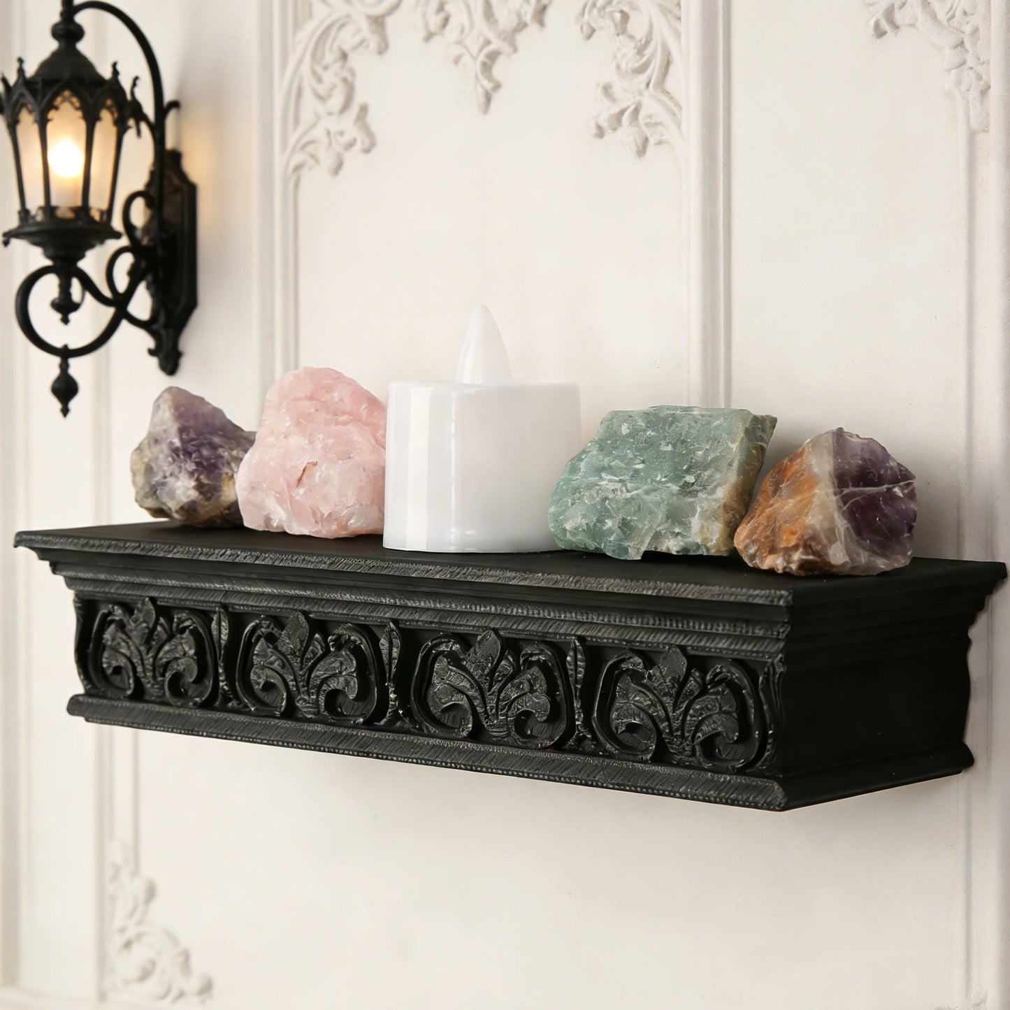 Gothic Long Strip Wall Shelf – Retro Carved Floating Wall Mounted Rack for Dark-Style Home Decor & Storage