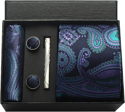 Silk Paisley Necktie Gift Set – Tie, Pocket Square, Cufflinks & Clip
