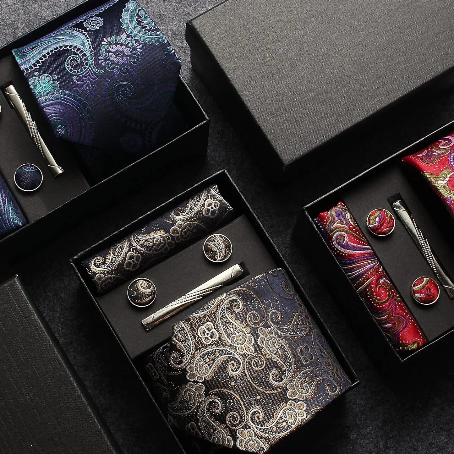 Silk Paisley Necktie Gift Set – Tie, Pocket Square, Cufflinks & Clip