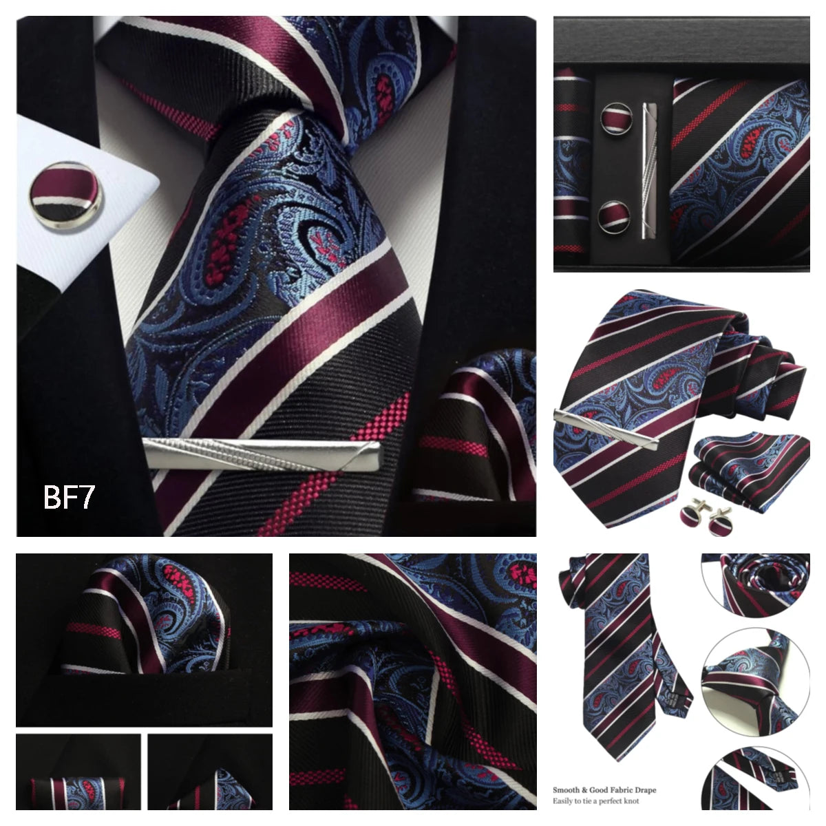 Silk Paisley Necktie Gift Set – Tie, Pocket Square, Cufflinks & Clip