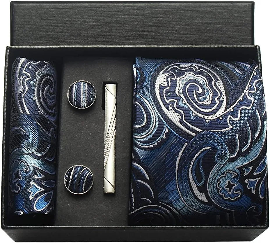 Silk Paisley Necktie Gift Set – Tie, Pocket Square, Cufflinks & Clip
