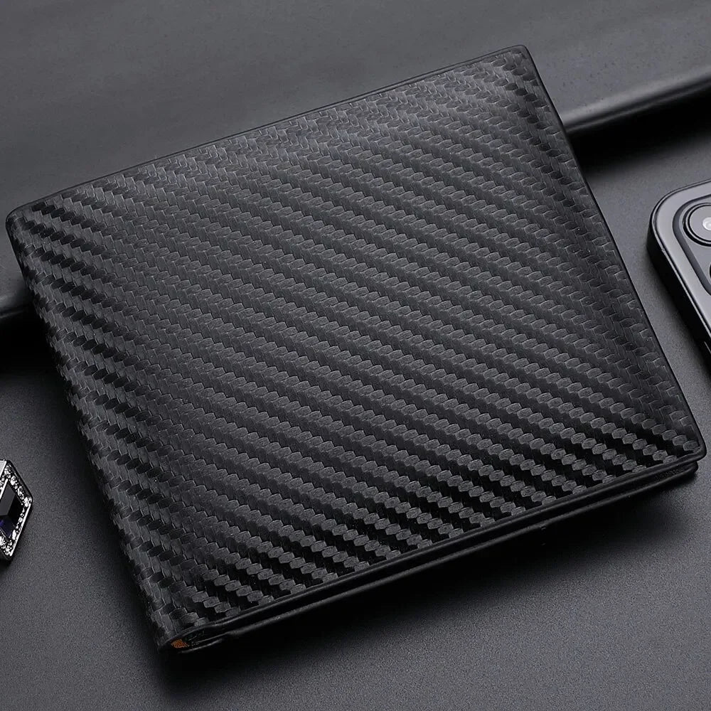 Carbon Fiber PU Leather Short Wallet 12x10cm – Integrated Zipper Coin Purse, Card & Photo Holder, Men's Everyday Carry Gift