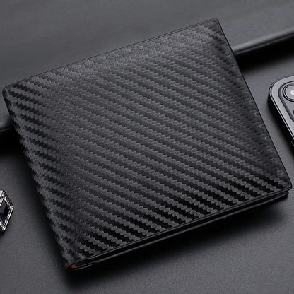 Carbon Fiber PU Leather Short Wallet 12x10cm – Integrated Zipper Coin Purse, Card & Photo Holder, Men's Everyday Carry Gift