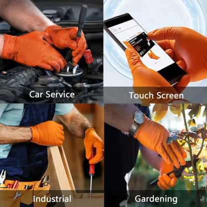 Heavy Duty Orange Nitrile Gloves - 10, 30, 50 pack - Diamond Textured Grip for Mechanic, Industrial & Work Use