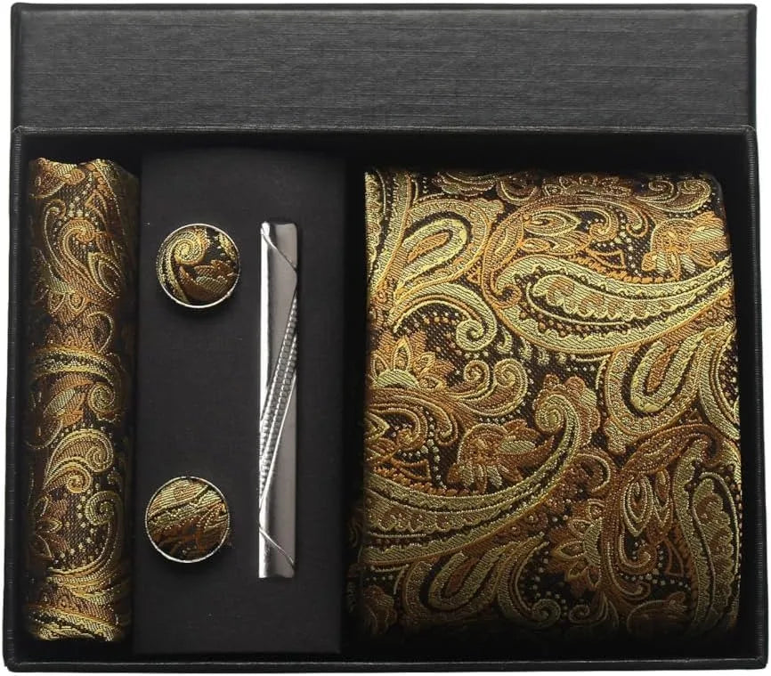 Silk Paisley Necktie Gift Set – Tie, Pocket Square, Cufflinks & Clip