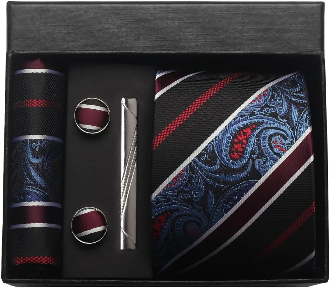 Silk Paisley Necktie Gift Set – Tie, Pocket Square, Cufflinks & Clip