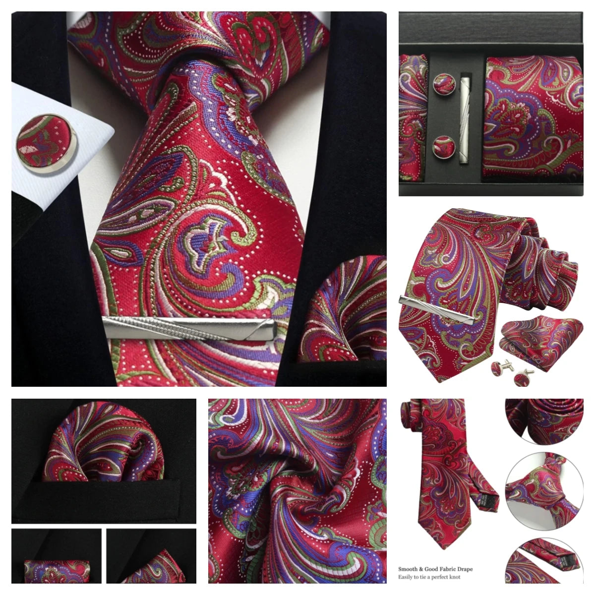Silk Paisley Necktie Gift Set – Tie, Pocket Square, Cufflinks & Clip