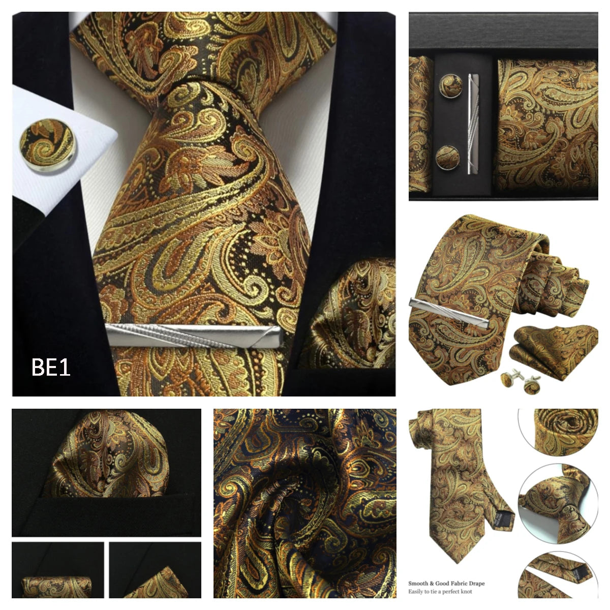 Silk Paisley Necktie Gift Set – Tie, Pocket Square, Cufflinks & Clip