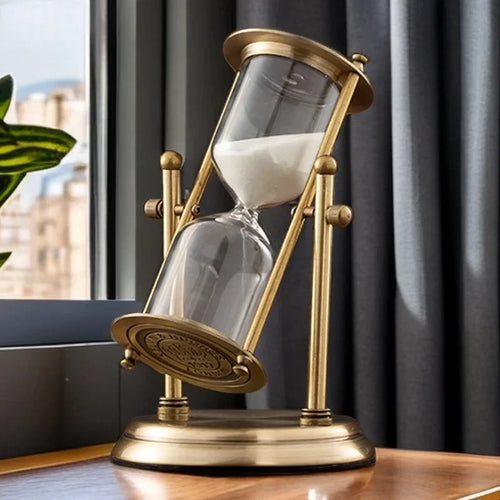 Brass & Glass Hourglass Sand Timer 15/30/60 Min – Mesmerizing Desk Decor, Rotating Crown, Elegant Home Gift