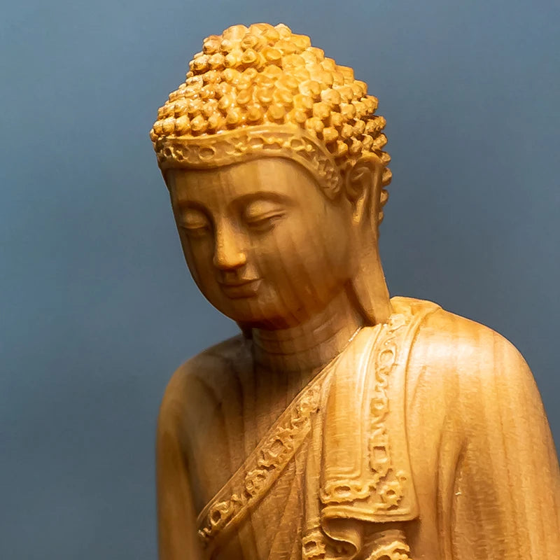 Hand-Carved Cypress Shakyamuni Buddha Statue 3.93in – Solid Wood Spiritual Figurine, Feng Shui Decor, Mindful Home Gift
