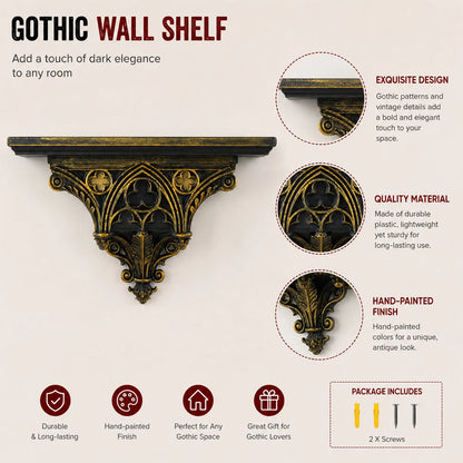 Gothic Cathedral Wall Shelf – Black Gold Hollow Window Pattern Floating Wall Rack for Home & Room Decor