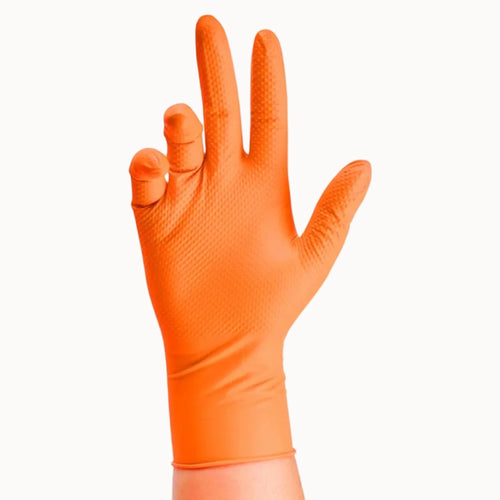 Heavy Duty Orange Nitrile Gloves - 10, 30, 50 pack - Diamond Textured Grip for Mechanic, Industrial & Work Use