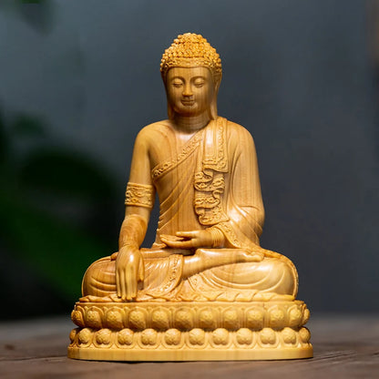 Hand-Carved Cypress Shakyamuni Buddha Statue 3.93in – Solid Wood Spiritual Figurine, Feng Shui Decor, Mindful Home Gift