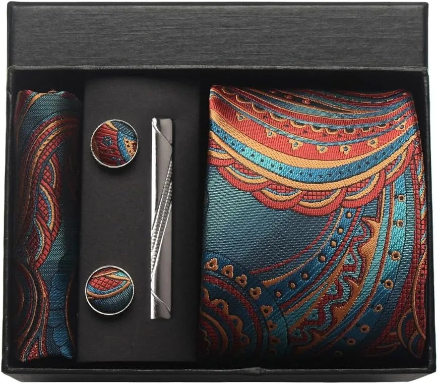 Silk Paisley Necktie Gift Set – Tie, Pocket Square, Cufflinks & Clip