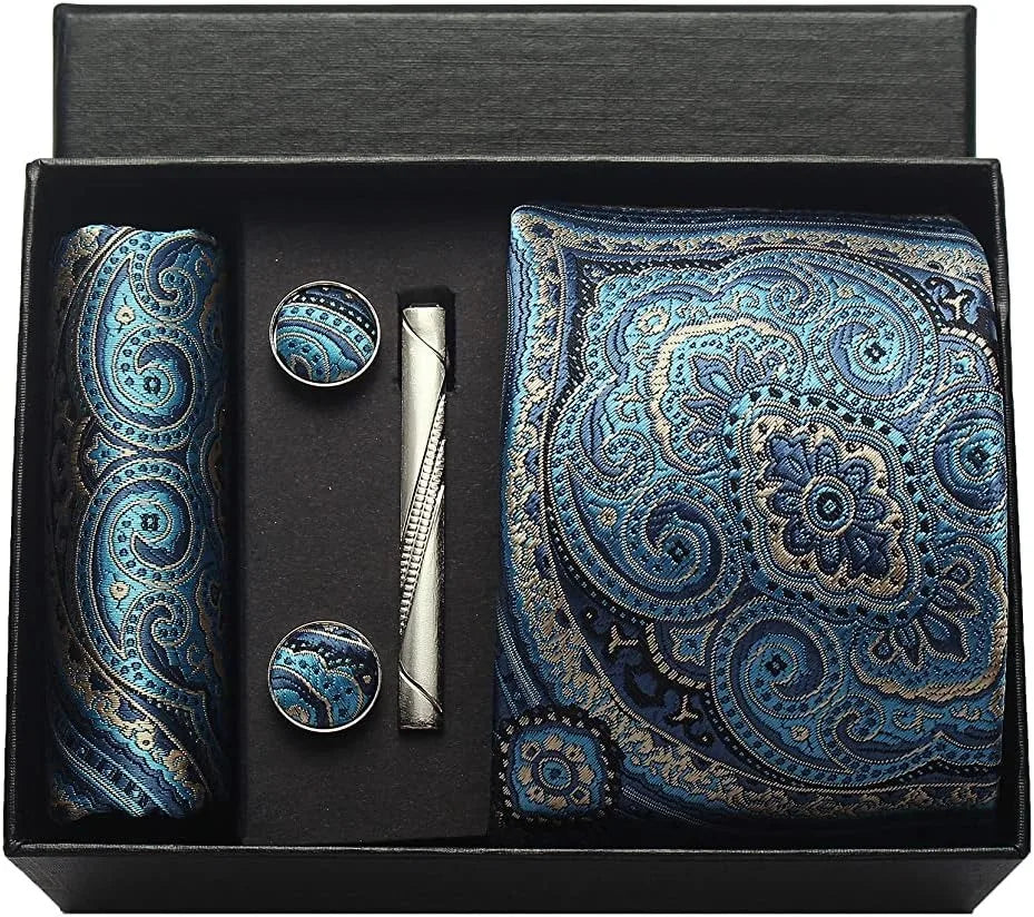 Silk Paisley Necktie Gift Set – Tie, Pocket Square, Cufflinks & Clip