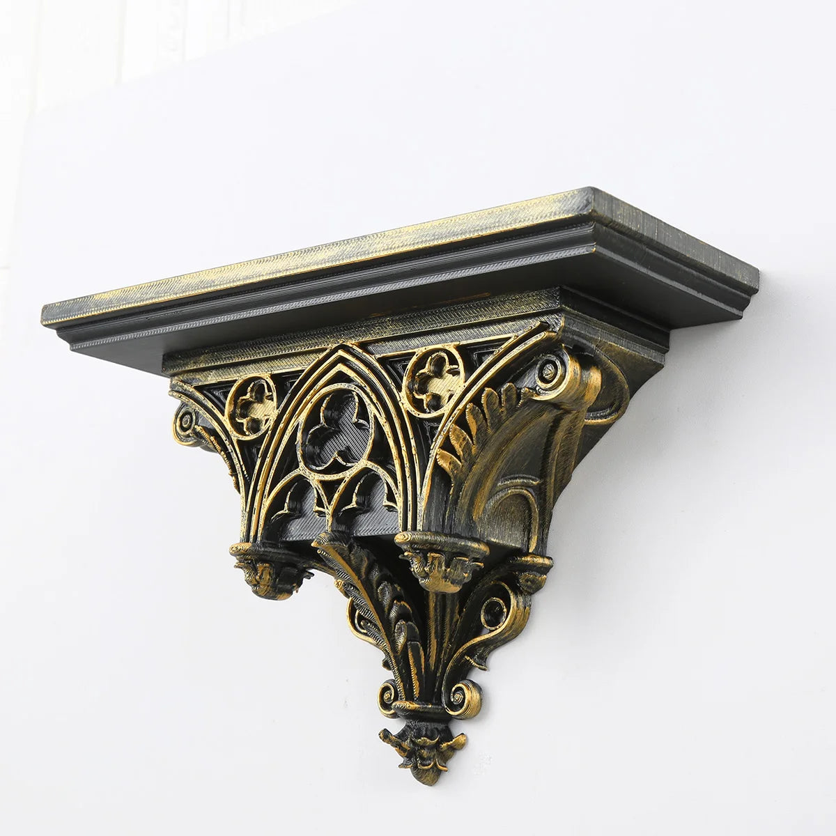 Gothic Cathedral Wall Shelf – Black Gold Hollow Window Pattern Floating Wall Rack for Home & Room Decor