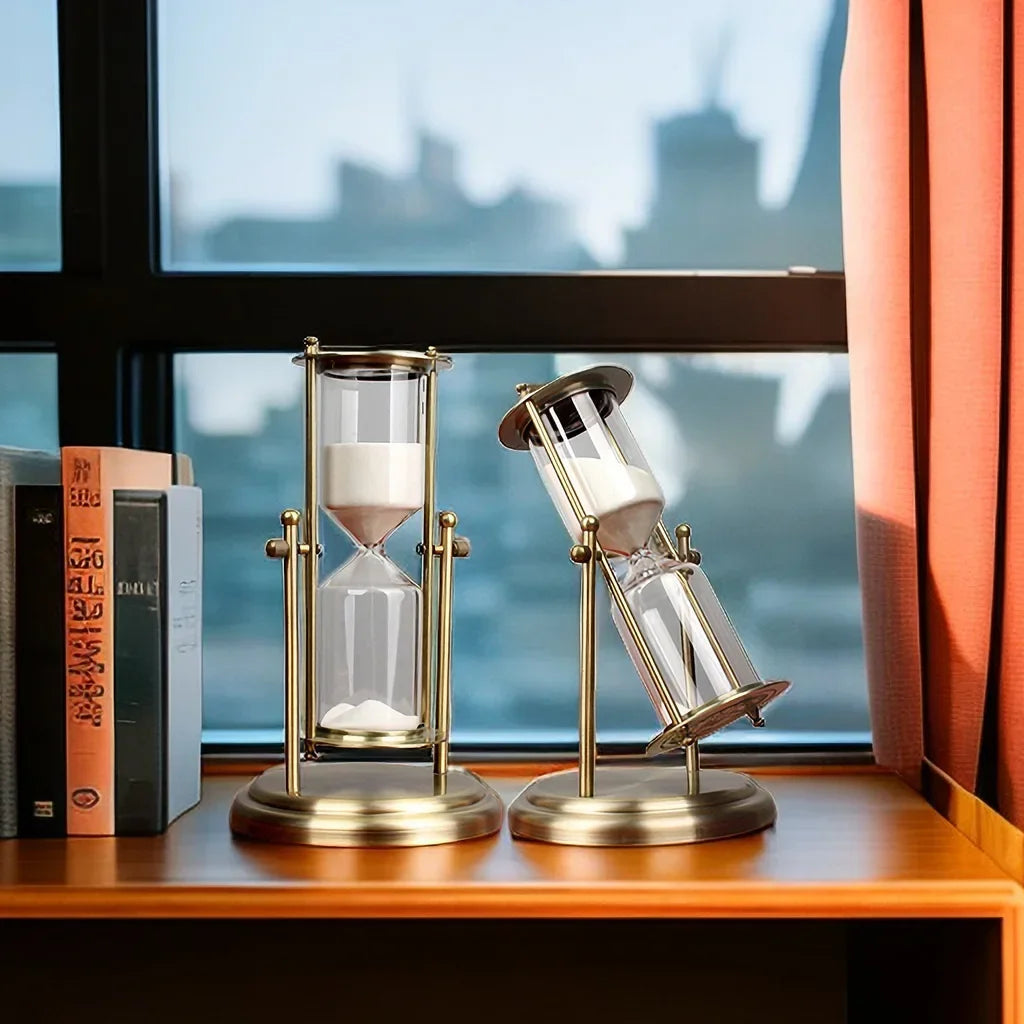 Brass & Glass Hourglass Sand Timer 15/30/60 Min – Mesmerizing Desk Decor, Rotating Crown, Elegant Home Gift