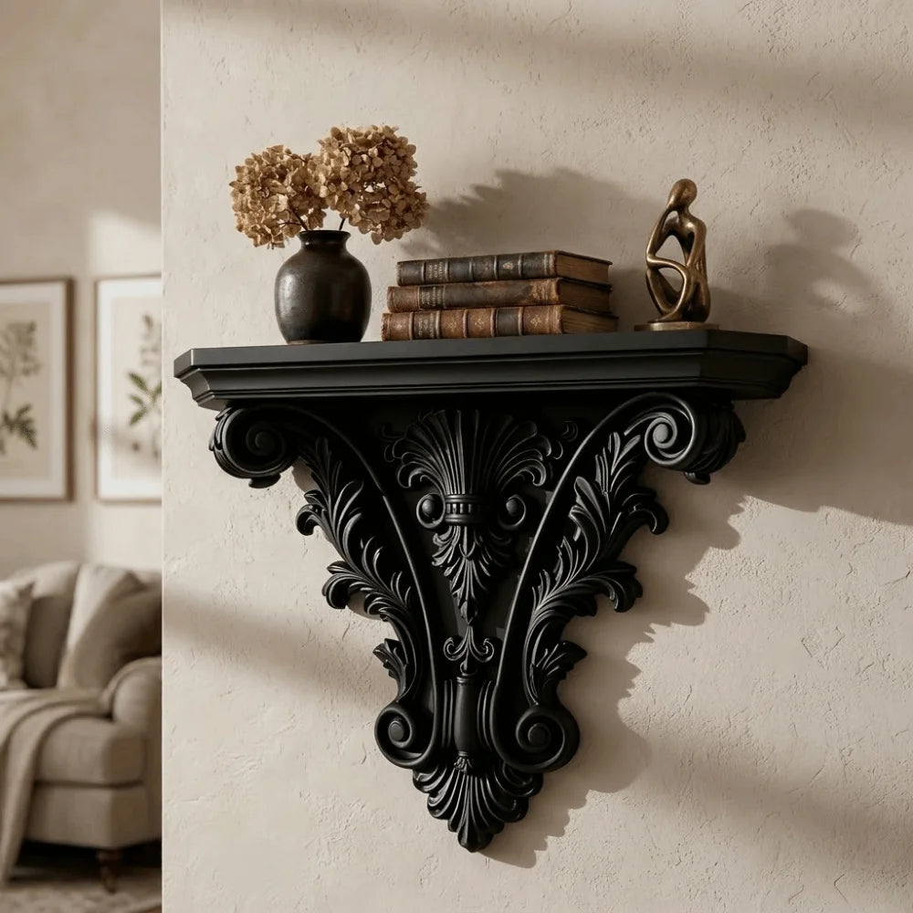 Gothic Carved Floating Wall Shelf – Retro Decorative Wall Mounted Display Shelf for Bedroom & Home Decor, 20×15.8cm
