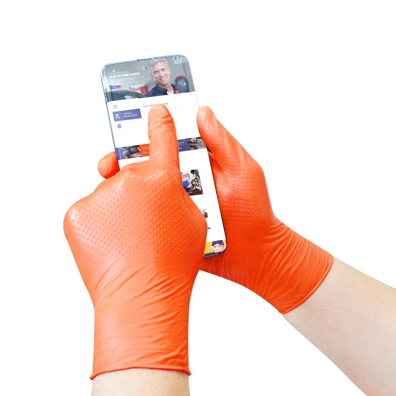 Heavy Duty Orange Nitrile Gloves - 10, 30, 50 pack - Diamond Textured Grip for Mechanic, Industrial & Work Use
